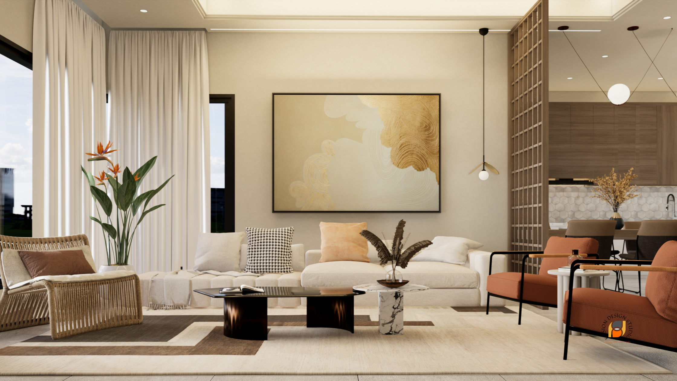 A modern living room featuring a beige sofa, stylish accent chairs, a decorative coffee table, and a large artwork on the wall, complemented by indoor plants and natural light from large windows.