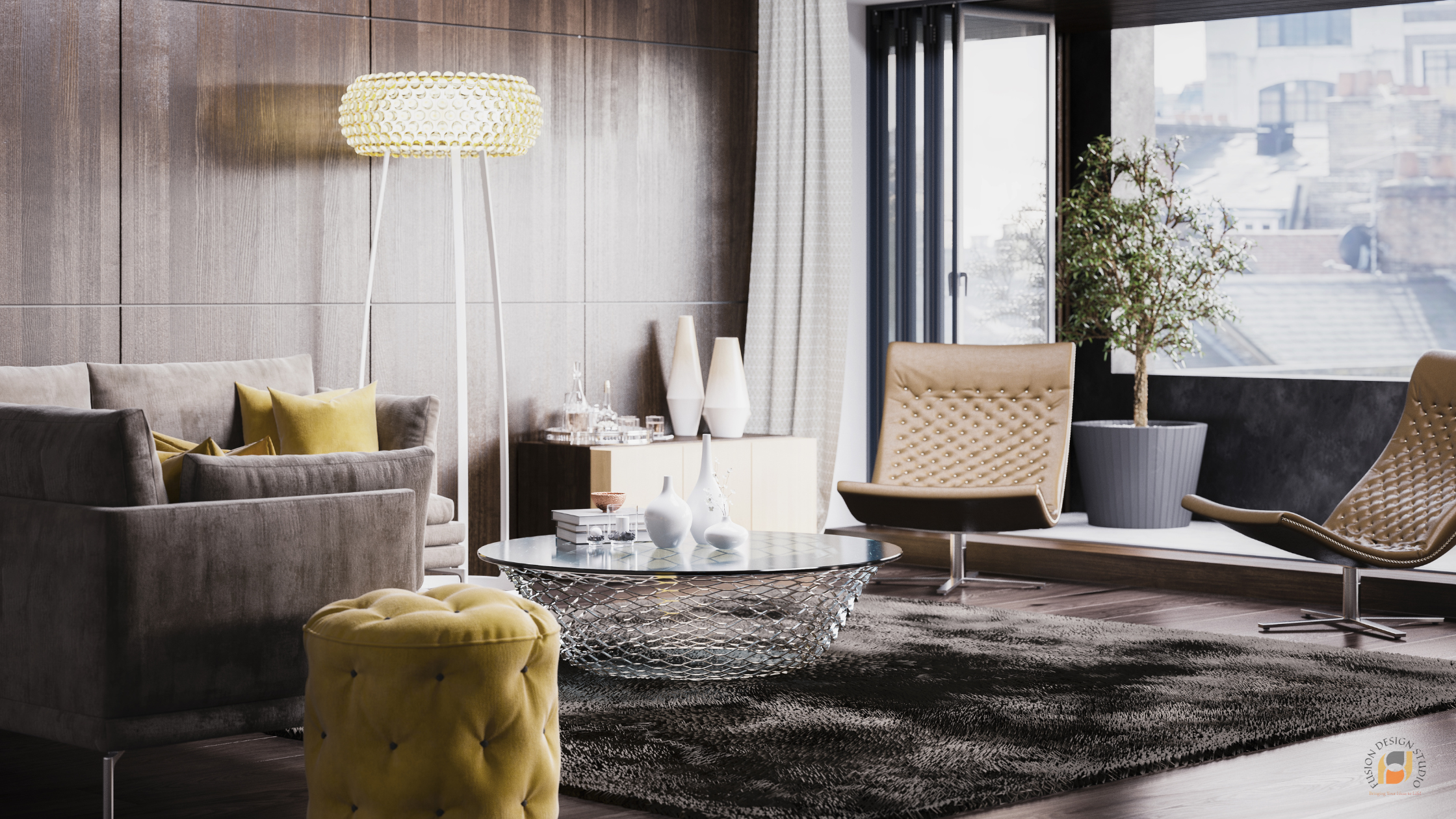 A modern living room featuring a grey sofa with yellow accent pillows, a round glass coffee table with decorative items, and two stylish tan chairs. A unique yellow lamp stands beside the sofa, and a potted plant adds greenery to the space.